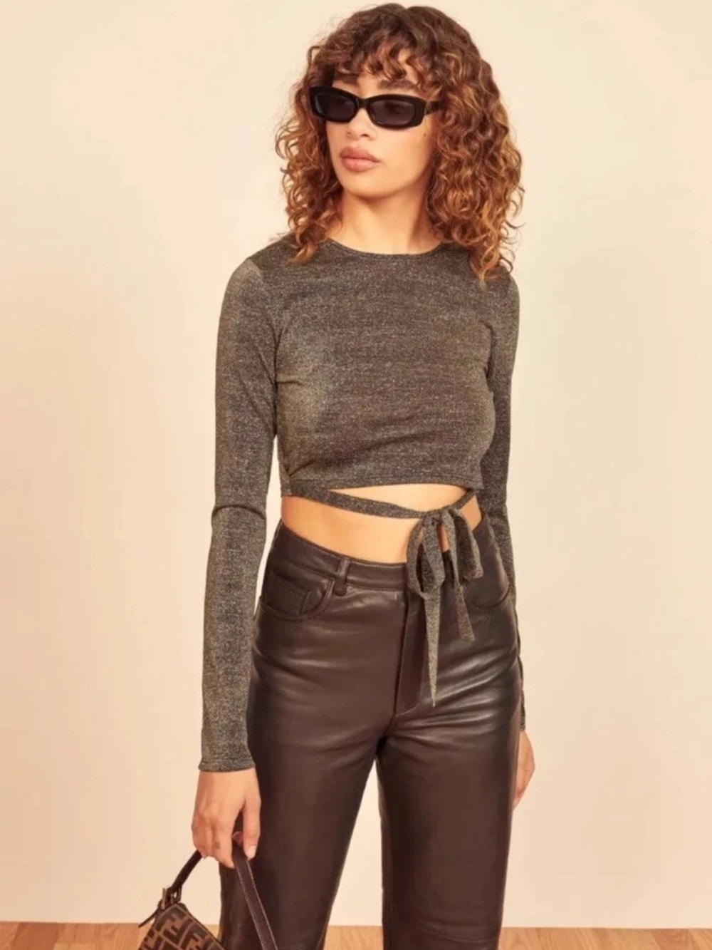 Reformation Jupiter Metallic Crop Top- Long Sleeve Sheer Party Glam Top